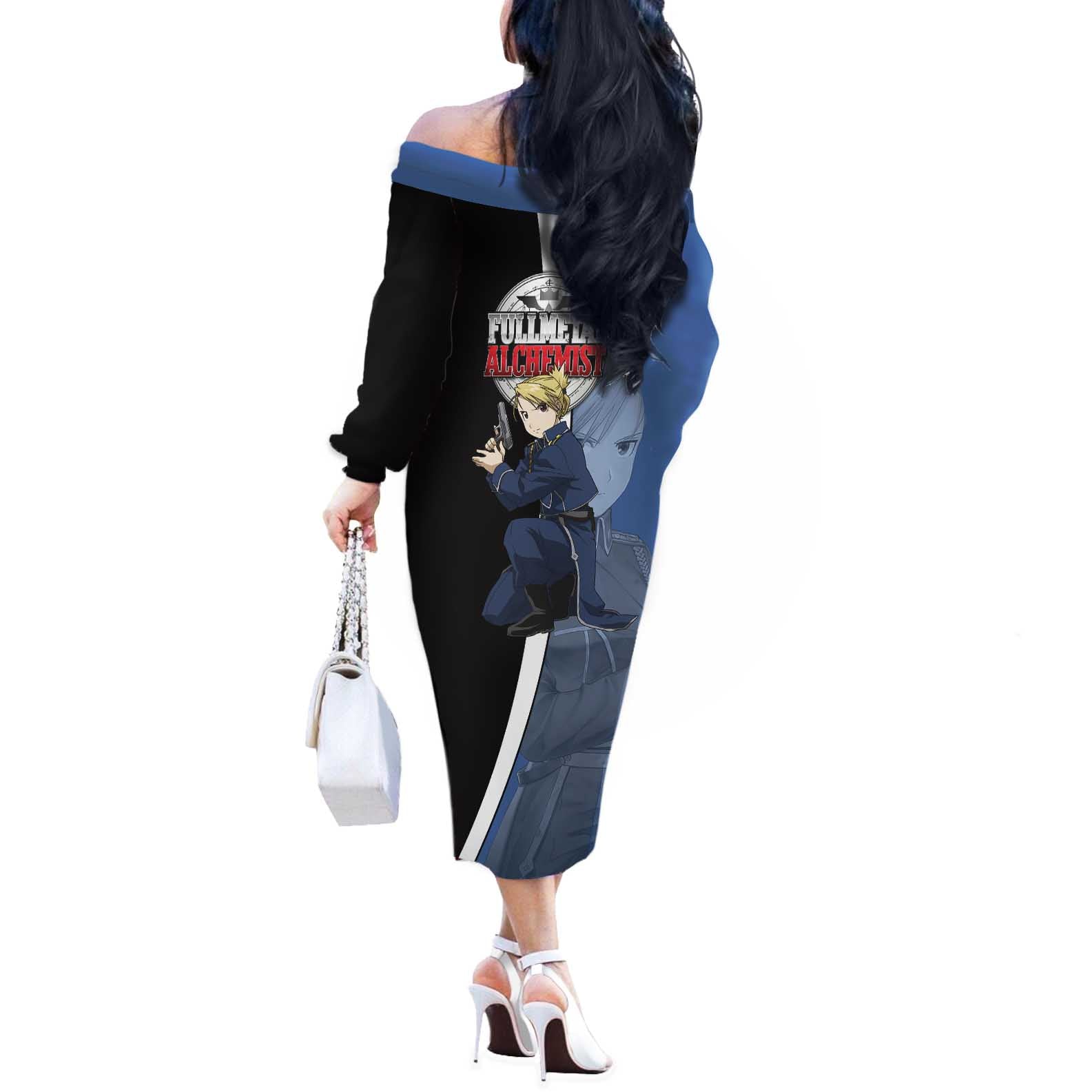 Hawkeye Riza - Fullmetal Alchemist Off The Shoulder Long Sleeve Dress Anime Style - The Mazicc