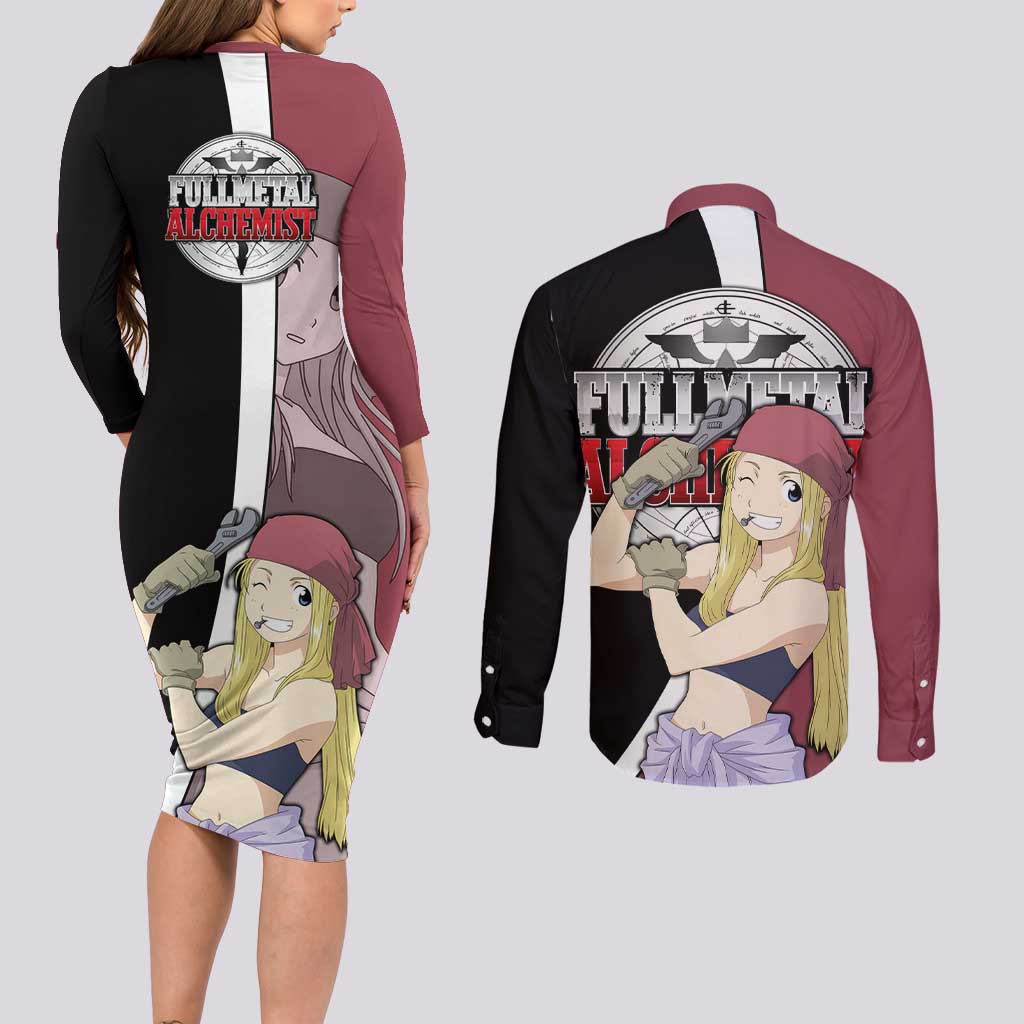 Rockbell Winry - Fullmetal Alchemist Couples Matching Long Sleeve Bodycon Dress and Long Sleeve Button Shirt Anime Style - The Mazicc