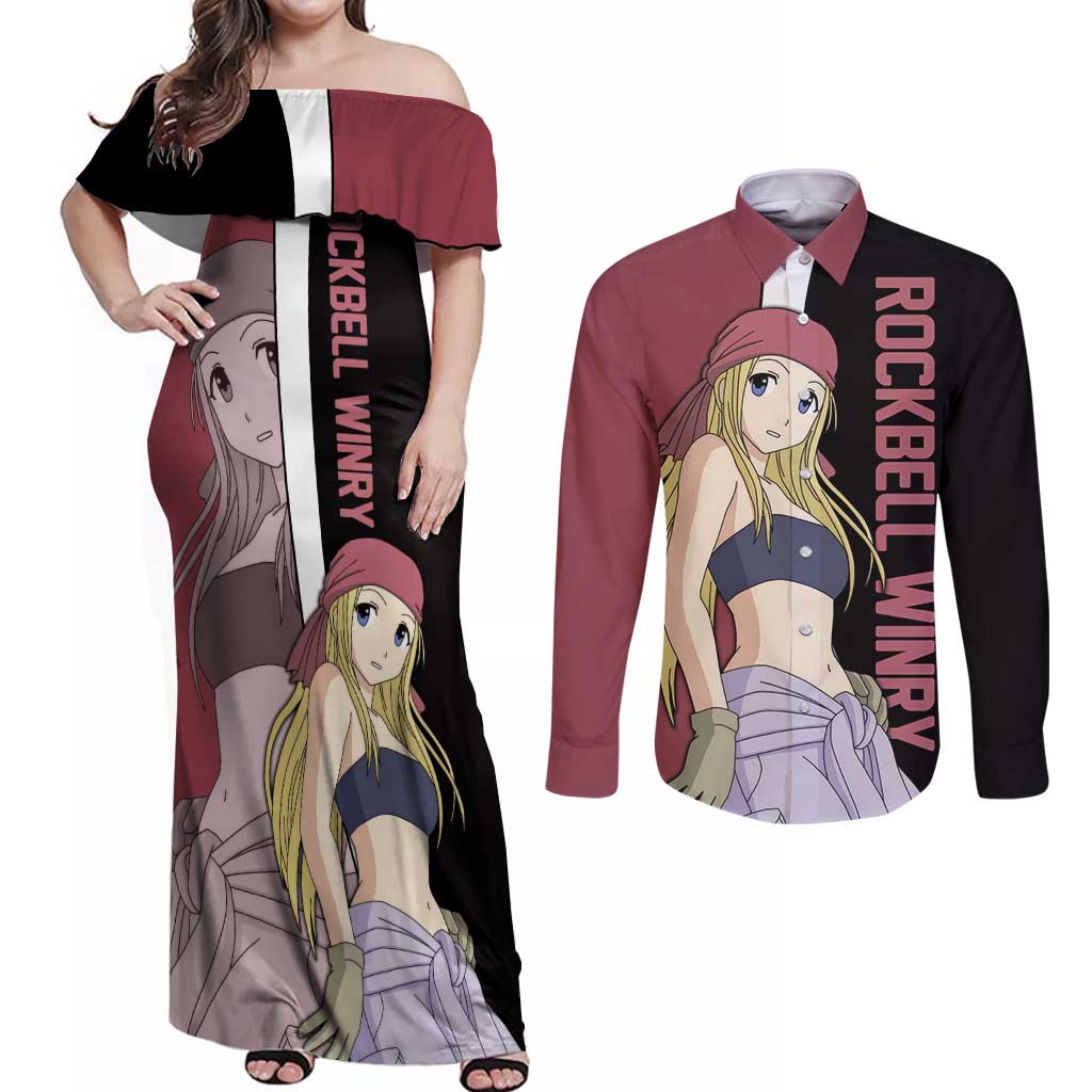 Rockbell Winry - Fullmetal Alchemist Couples Matching Off Shoulder Maxi Dress and Long Sleeve Button Shirt Anime Style - The Mazicc