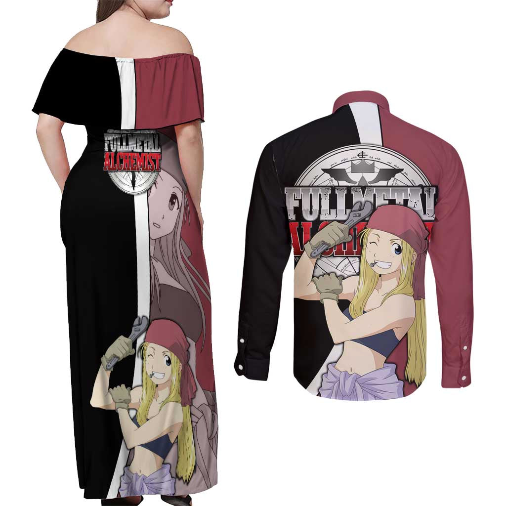Rockbell Winry - Fullmetal Alchemist Couples Matching Off Shoulder Maxi Dress and Long Sleeve Button Shirt Anime Style - The Mazicc