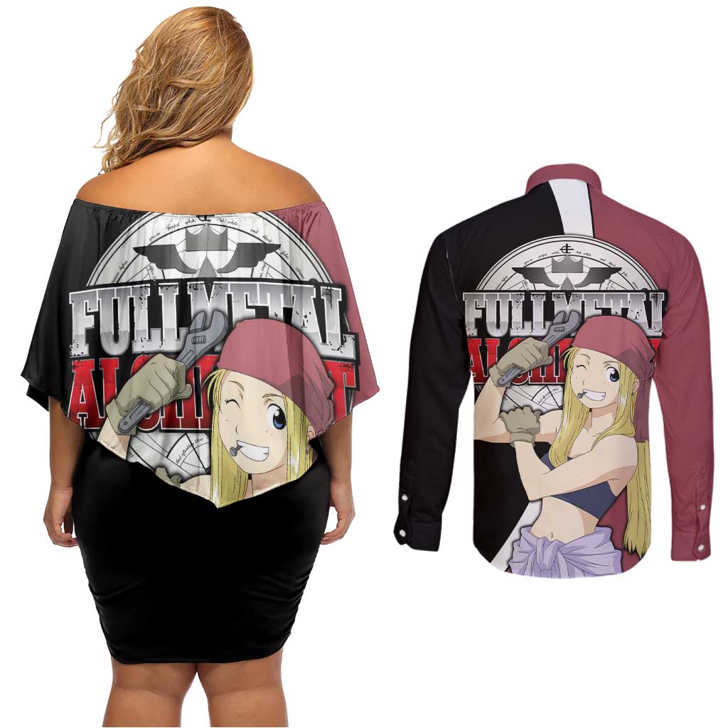 Rockbell Winry - Fullmetal Alchemist Couples Matching Off Shoulder Short Dress and Long Sleeve Button Shirt Anime Style - The Mazicc