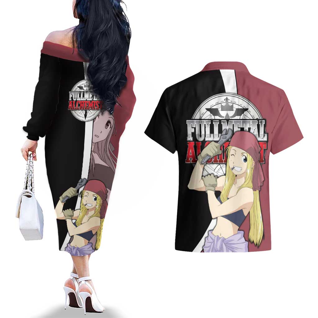 Rockbell Winry - Fullmetal Alchemist Couples Matching Off The Shoulder Long Sleeve Dress and Hawaiian Shirt Anime Style - The Mazicc