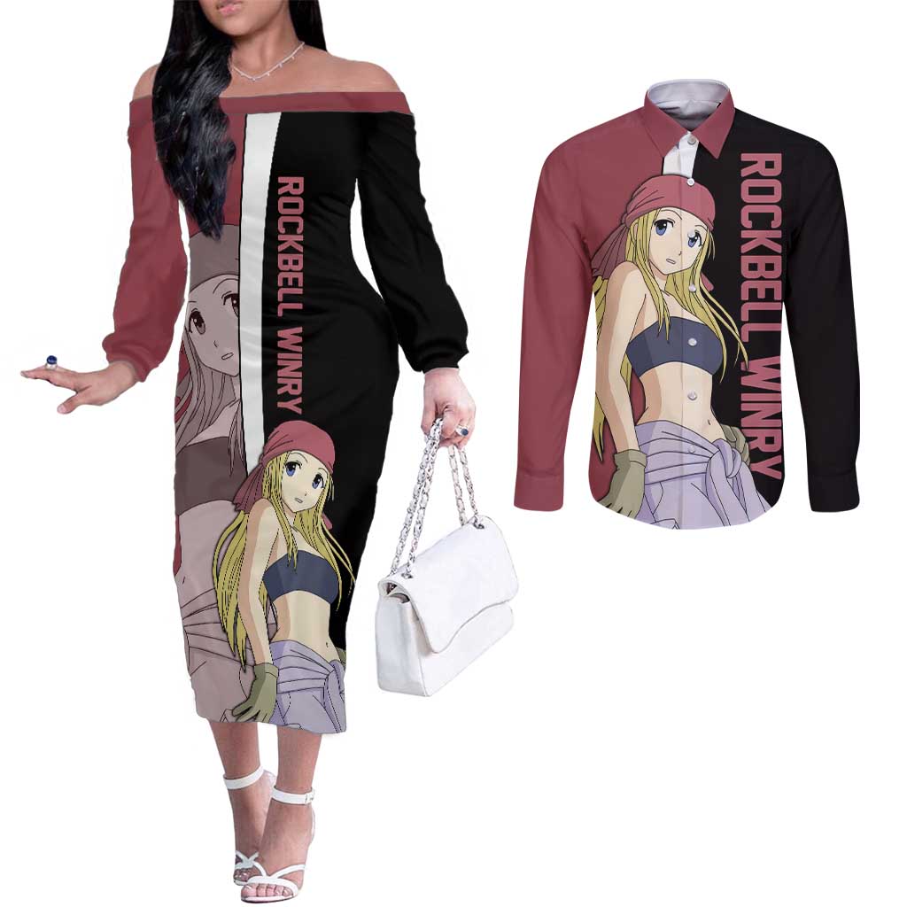 Rockbell Winry - Fullmetal Alchemist Couples Matching Off The Shoulder Long Sleeve Dress and Long Sleeve Button Shirt Anime Style - The Mazicc