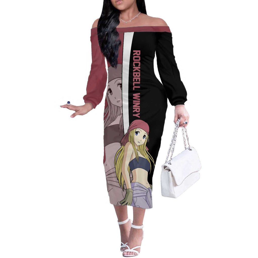 Rockbell Winry - Fullmetal Alchemist Off The Shoulder Long Sleeve Dress Anime Style - The Mazicc