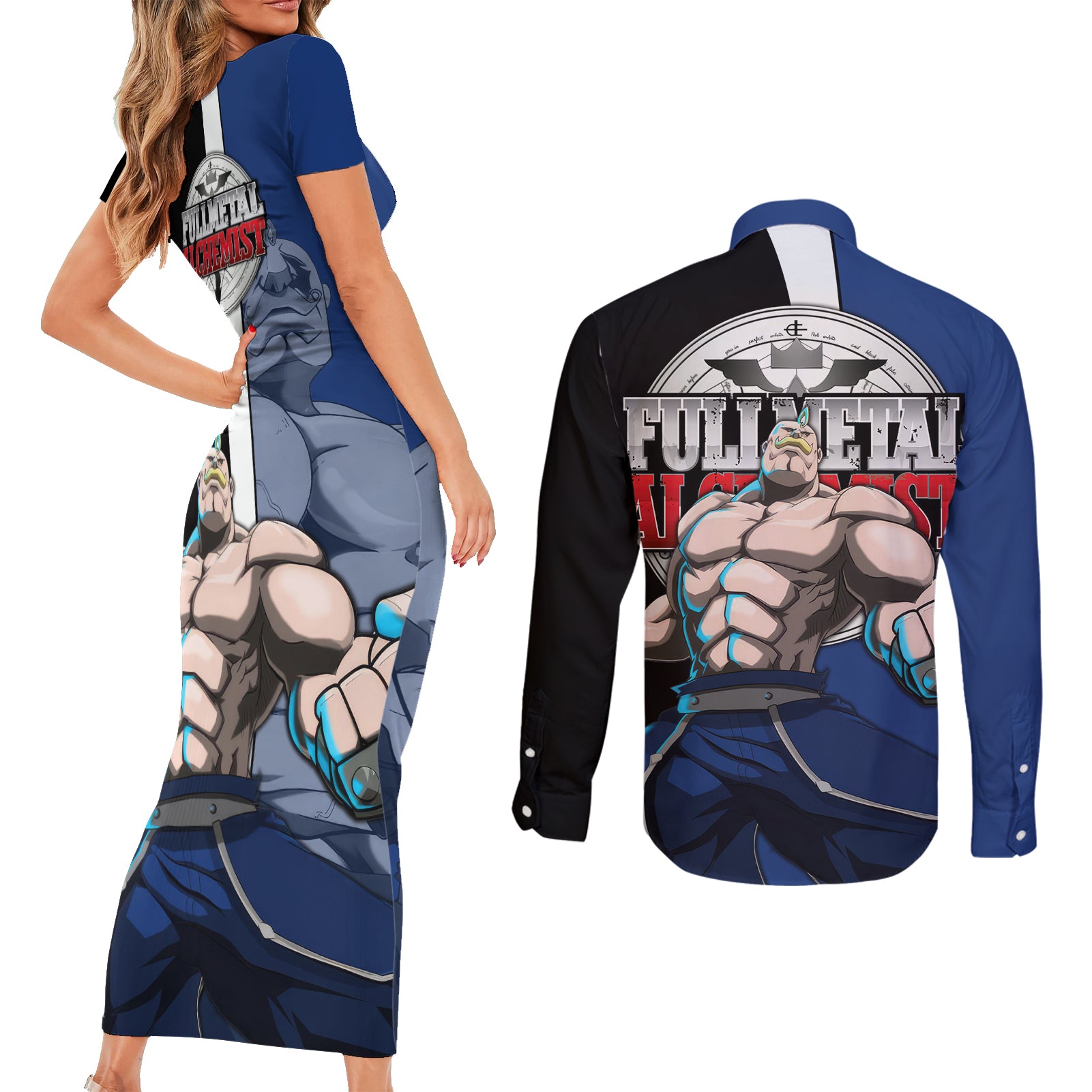 Armstrong Alex Louis - Fullmetal Alchemist Couples Matching Short Sleeve Bodycon Dress and Long Sleeve Button Shirt Anime Style