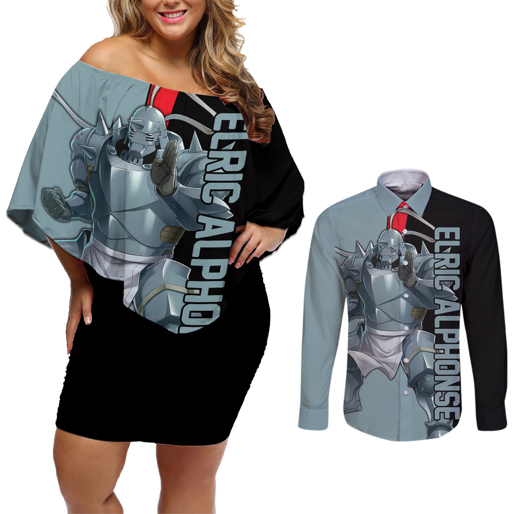 Elric Alphonse - Fullmetal Alchemist Couples Matching Off Shoulder Short Dress and Long Sleeve Button Shirt Anime Style