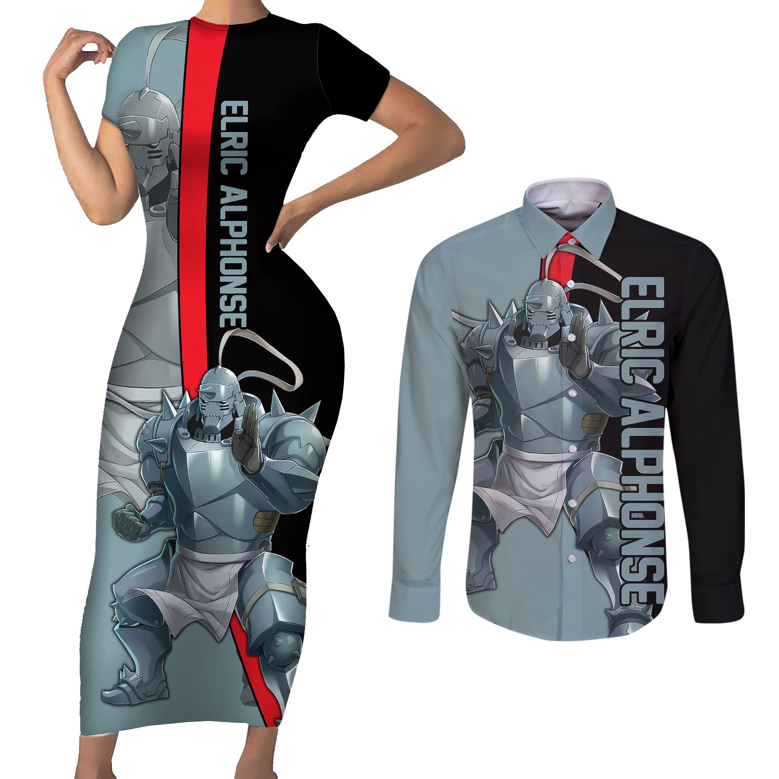 Elric Alphonse - Fullmetal Alchemist Couples Matching Short Sleeve Bodycon Dress and Long Sleeve Button Shirt Anime Style