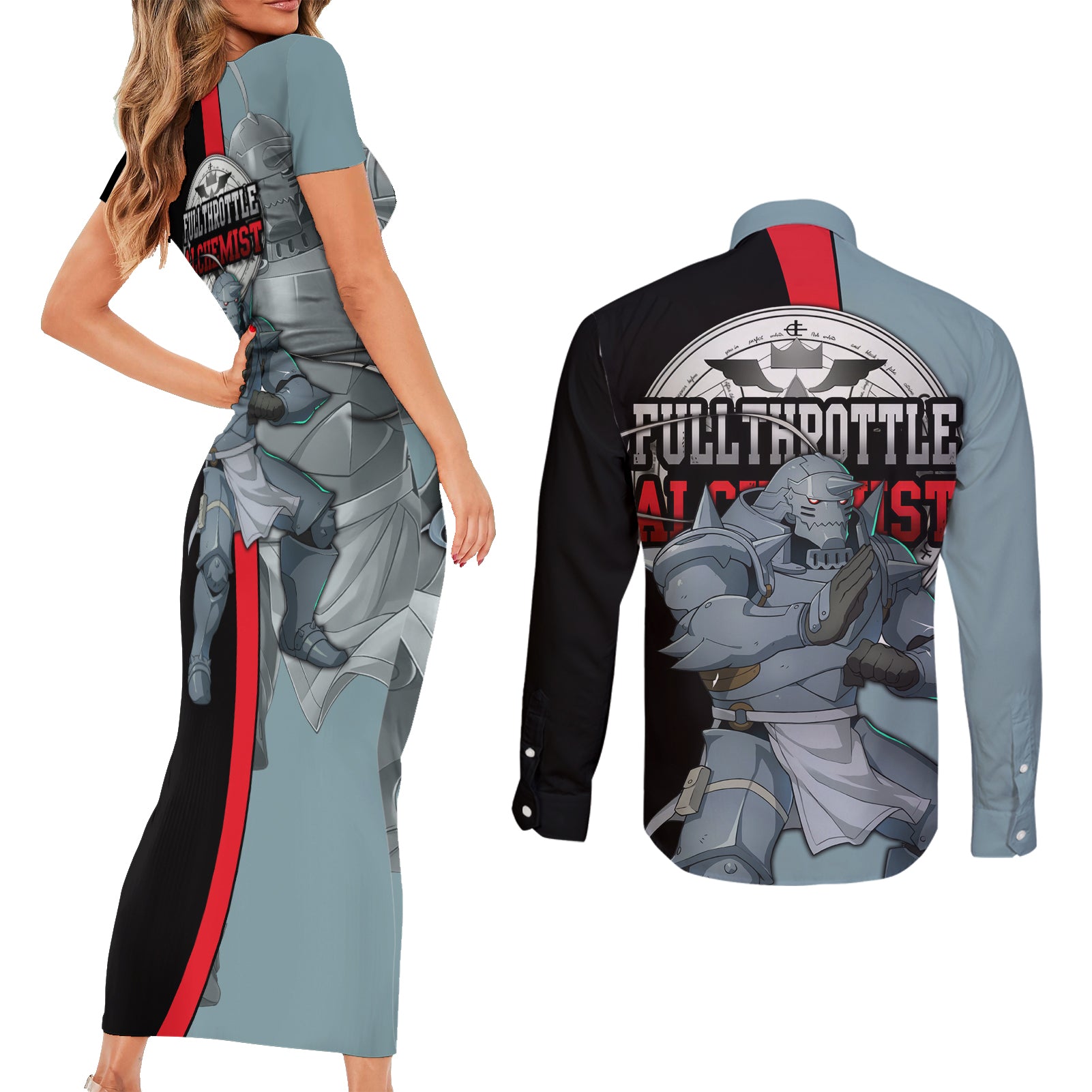 Elric Alphonse - Fullmetal Alchemist Couples Matching Short Sleeve Bodycon Dress and Long Sleeve Button Shirt Anime Style