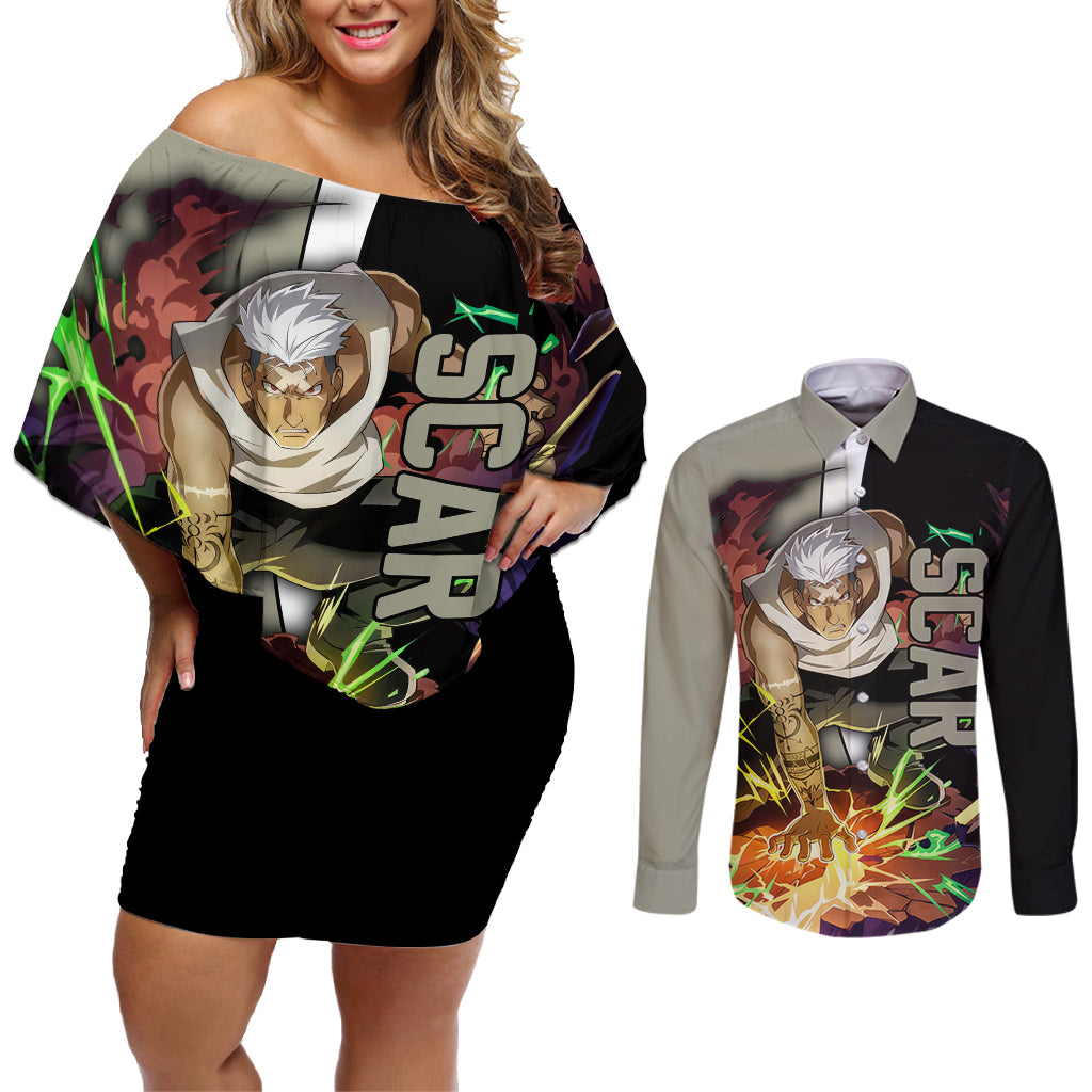 Scar - Fullmetal Alchemist Couples Matching Off Shoulder Short Dress and Long Sleeve Button Shirt Manga Style