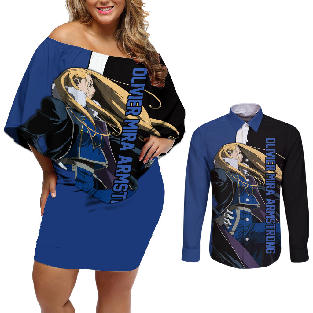 Armstrong Olivier Mira - Fullmetal Alchemist Couples Matching Off Shoulder Short Dress and Long Sleeve Button Shirt Anime Style