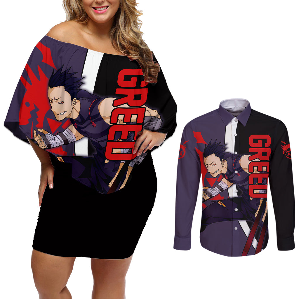 Greed - Fullmetal Alchemist Couples Matching Off Shoulder Short Dress and Long Sleeve Button Shirt Anime Style