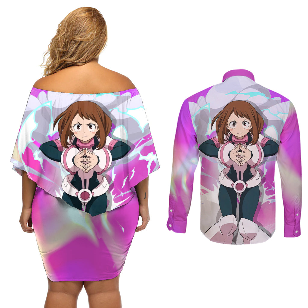Ochako Uraraka Couples Matching Off Shoulder Short Dress and Long Sleeve Button Shirt Anime Style