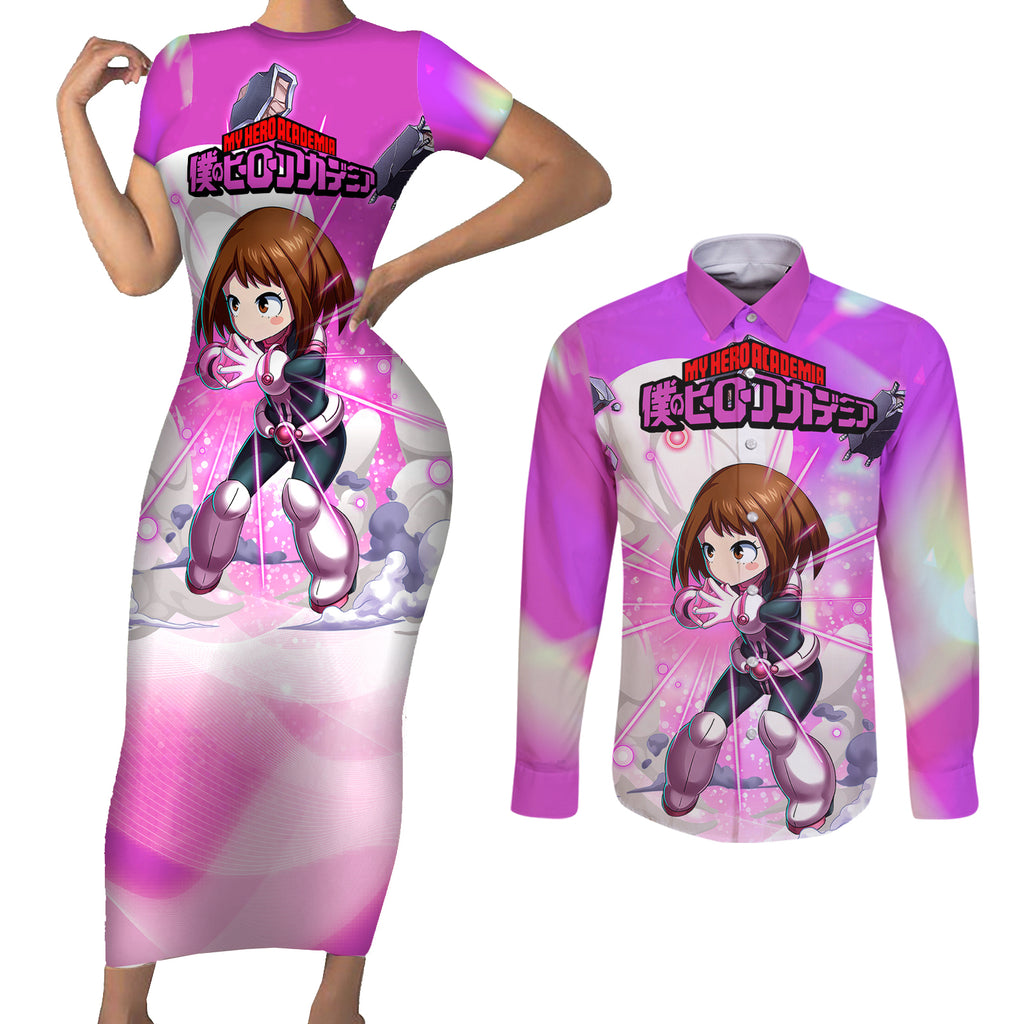 Ochako Uraraka Couples Matching Short Sleeve Bodycon Dress and Long Sleeve Button Shirt Anime Style