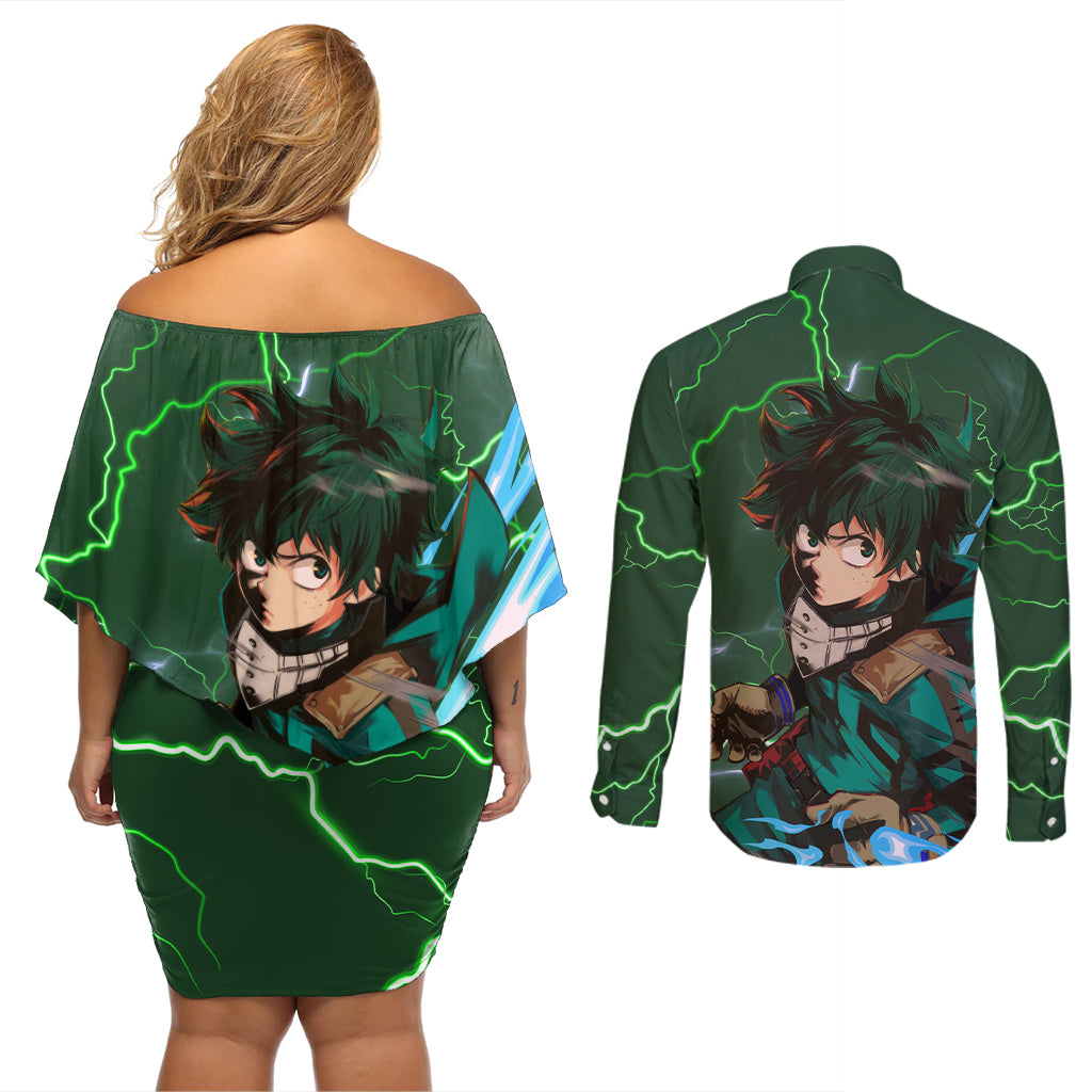 Izuku Midoriya Deku - My Hero Academia Couples Matching Off Shoulder Short Dress and Long Sleeve Button Shirt Anime Style