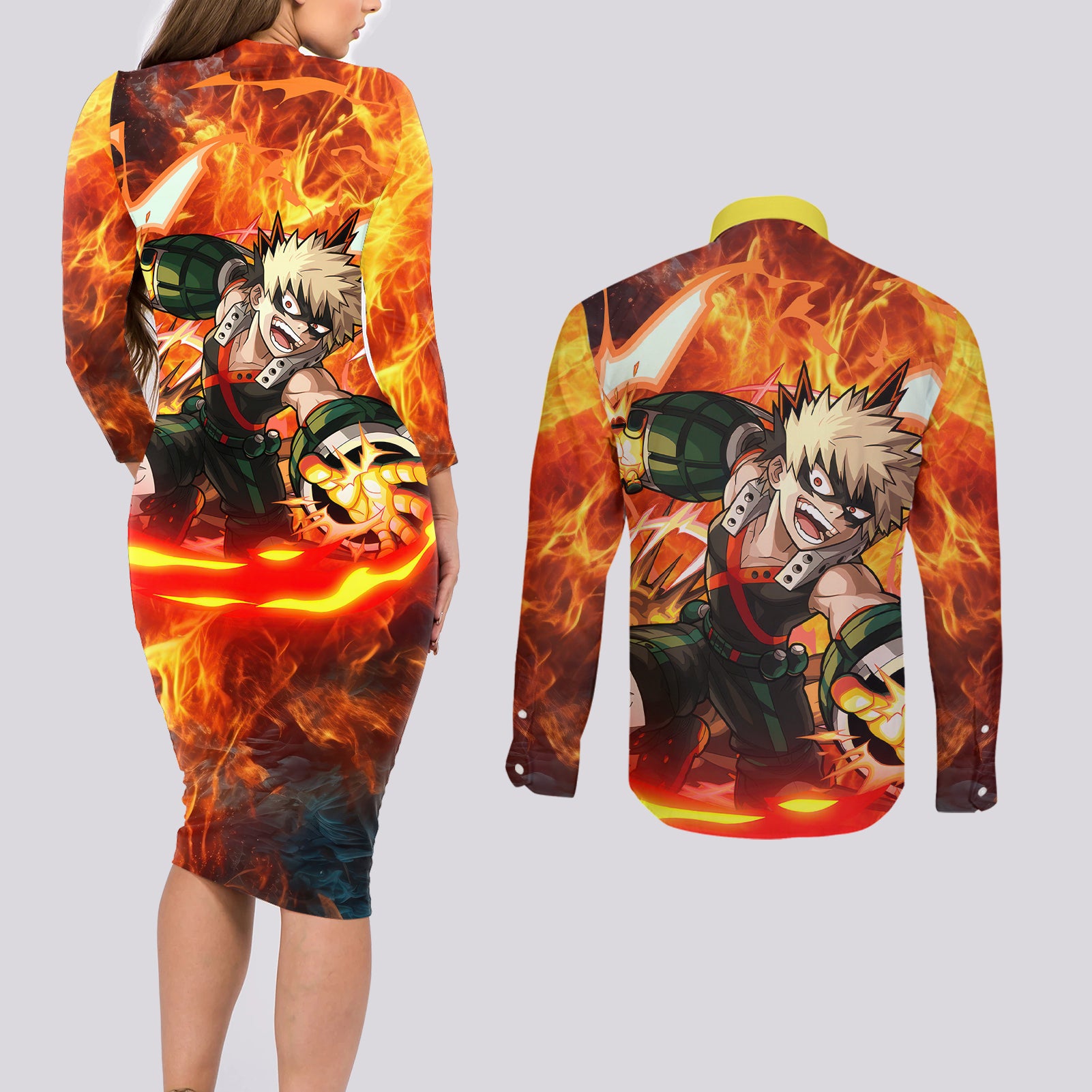 Katsuki Bakugou - My Hero Academia Couples Matching Long Sleeve Bodycon Dress and Long Sleeve Button Shirt Anime Style