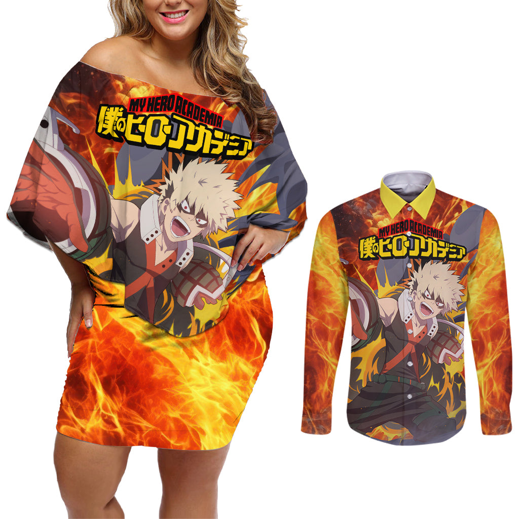 Katsuki Bakugou - My Hero Academia Couples Matching Off Shoulder Short Dress and Long Sleeve Button Shirt Anime Style