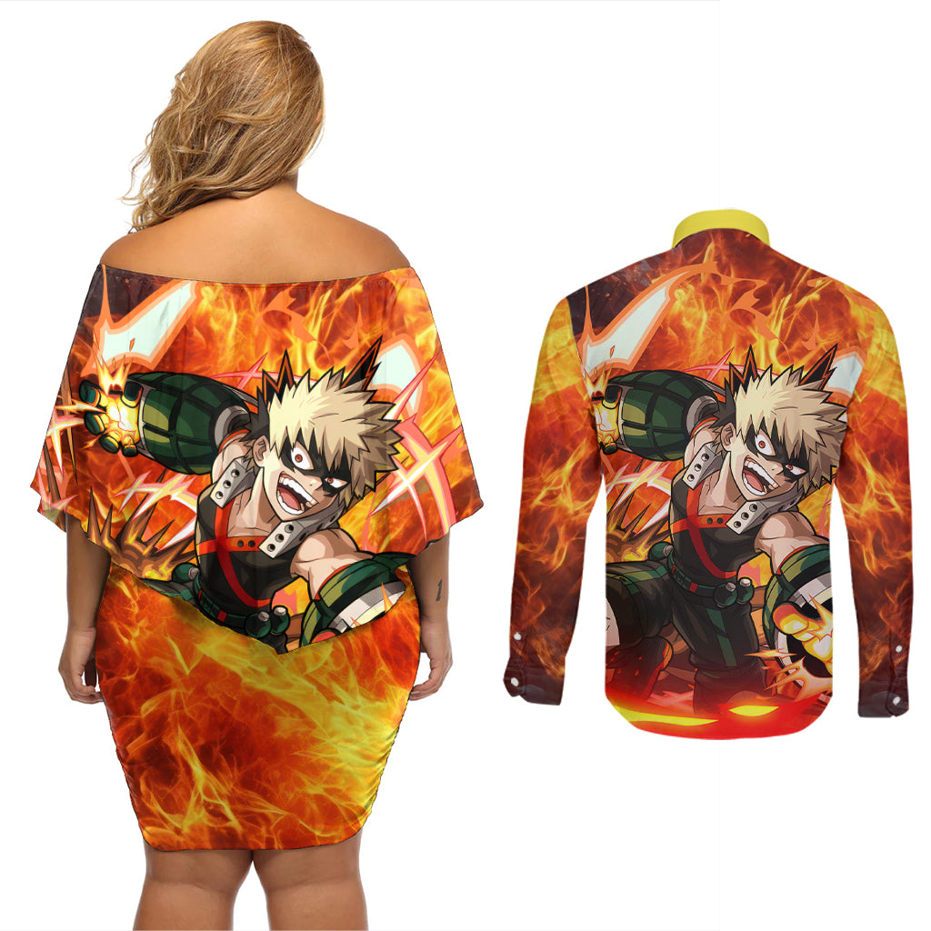Katsuki Bakugou - My Hero Academia Couples Matching Off Shoulder Short Dress and Long Sleeve Button Shirt Anime Style