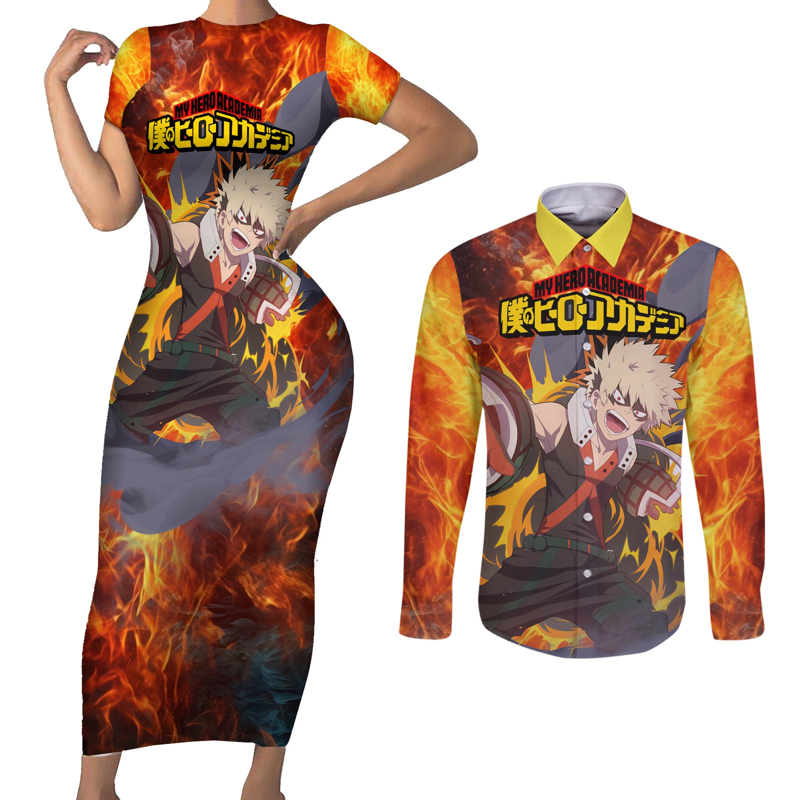 Katsuki Bakugou - My Hero Academia Couples Matching Short Sleeve Bodycon Dress and Long Sleeve Button Shirt Anime Style
