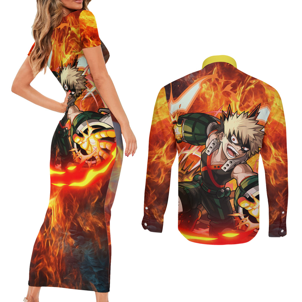 Katsuki Bakugou - My Hero Academia Couples Matching Short Sleeve Bodycon Dress and Long Sleeve Button Shirt Anime Style