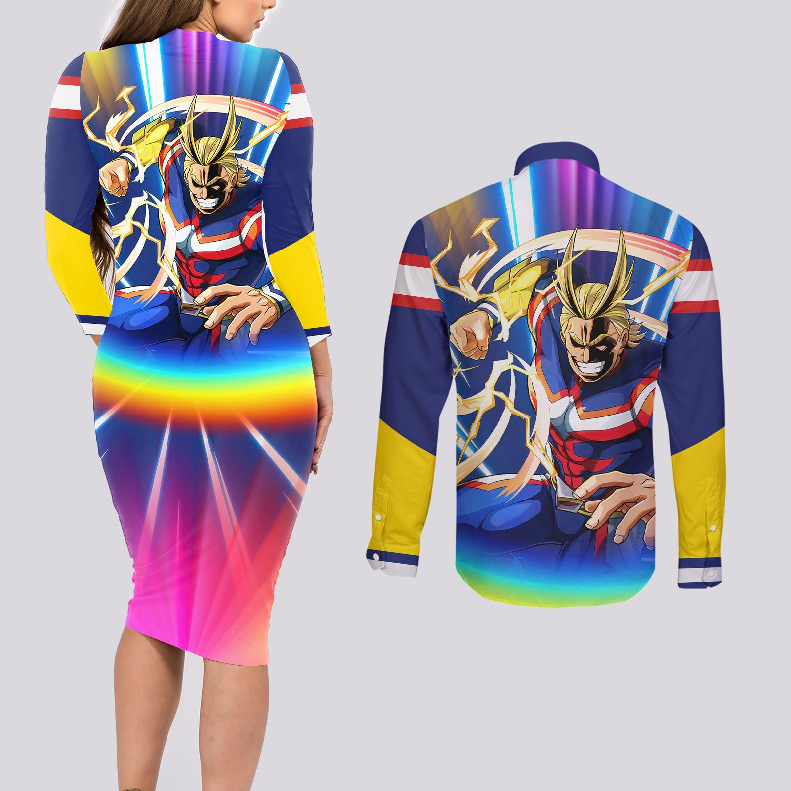 Toshinori Yagi - My Hero Academia Couples Matching Long Sleeve Bodycon Dress and Long Sleeve Button Shirt Anime Style