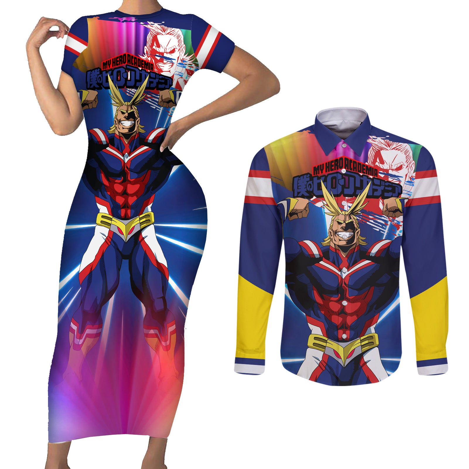 Toshinori Yagi - My Hero Academia Couples Matching Short Sleeve Bodycon Dress and Long Sleeve Button Shirt Anime Style