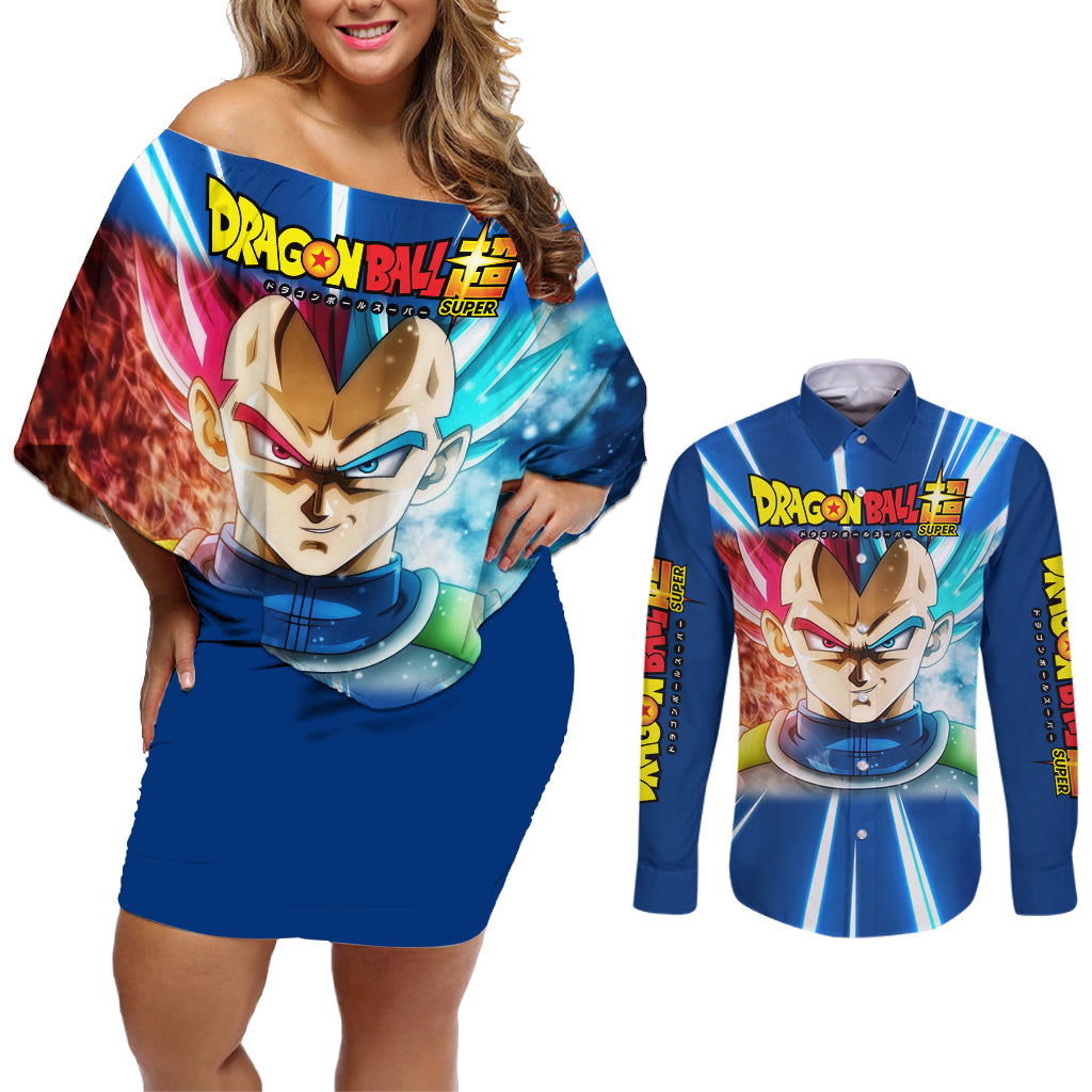 Prince Vegeta - Dragon Ball Couples Matching Off Shoulder Short Dress and Long Sleeve Button Shirt Anime Style