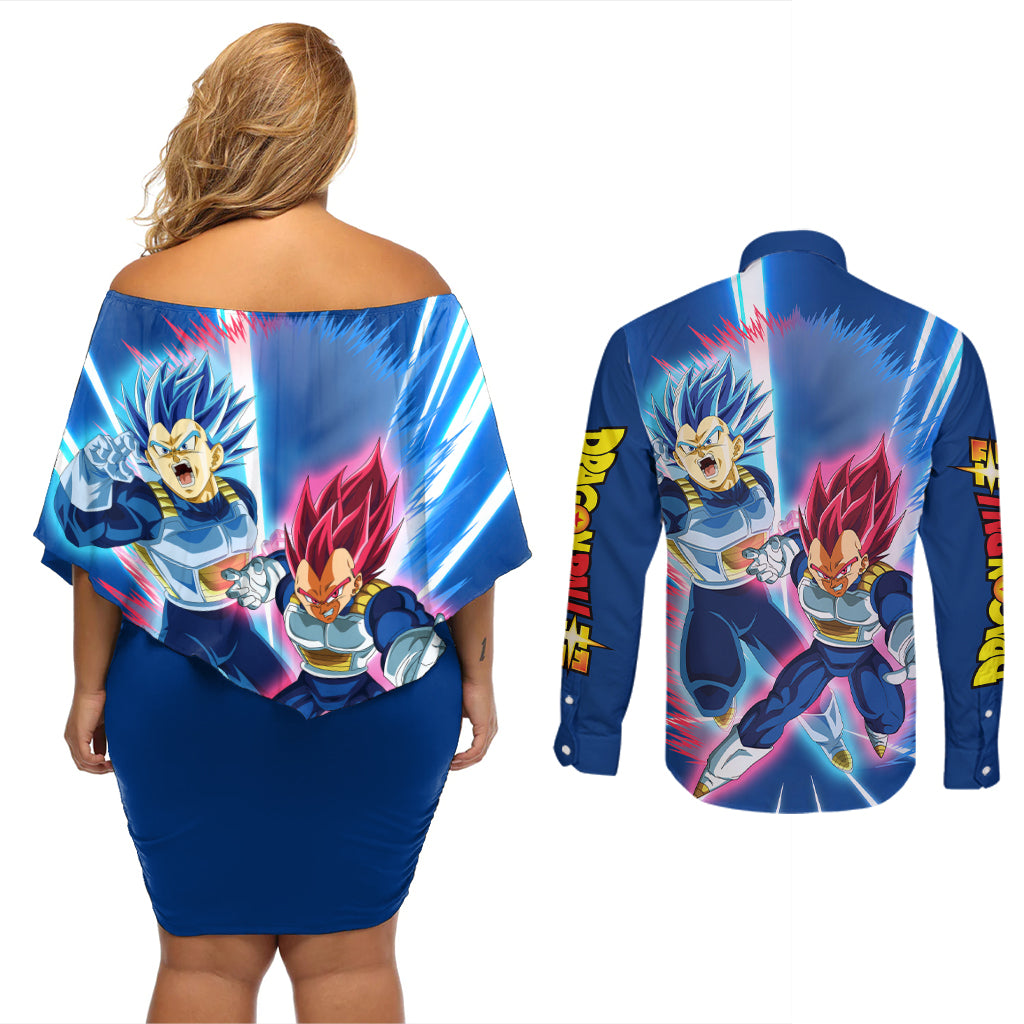 Prince Vegeta - Dragon Ball Couples Matching Off Shoulder Short Dress and Long Sleeve Button Shirt Anime Style