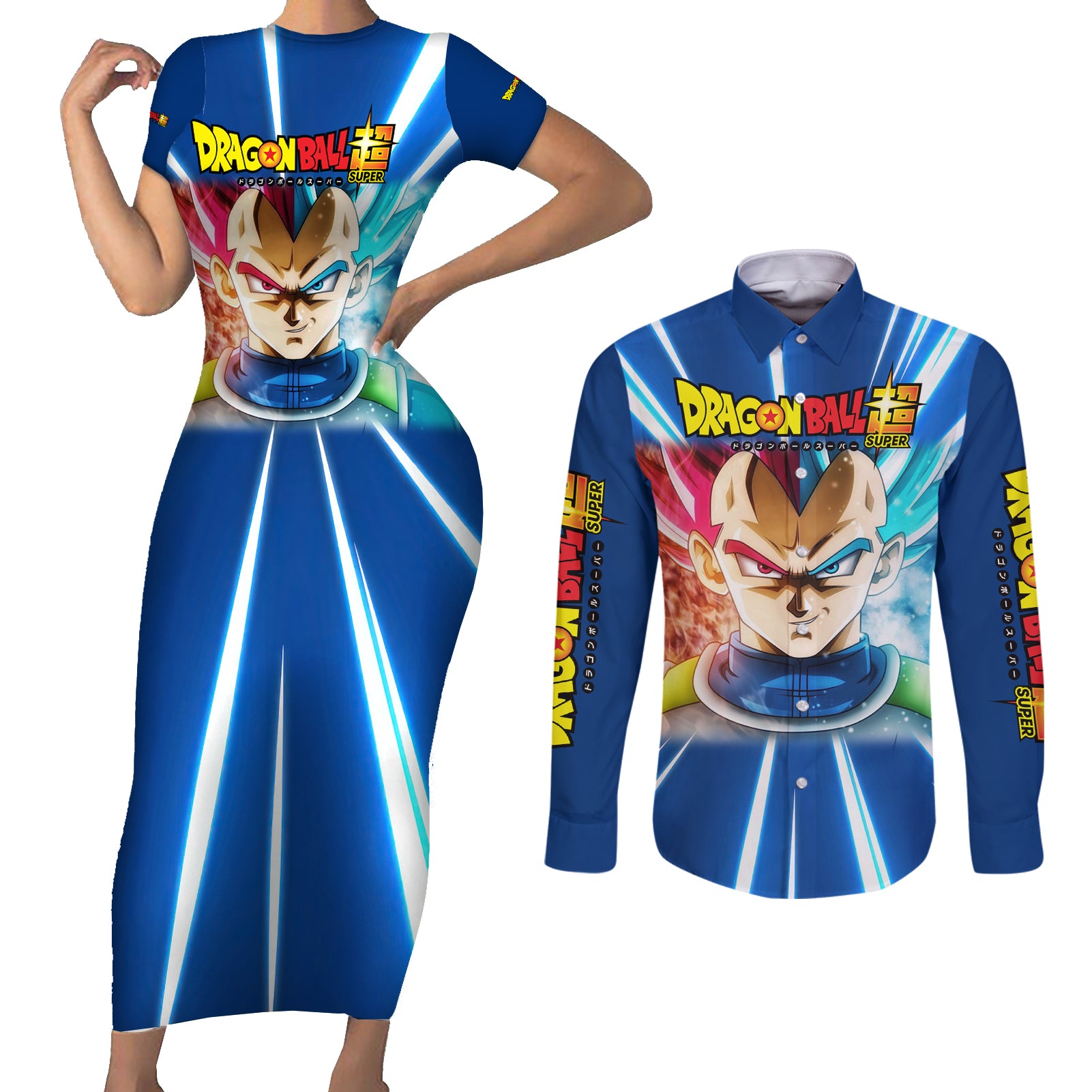 Prince Vegeta - Dragon Ball Couples Matching Short Sleeve Bodycon Dress and Long Sleeve Button Shirt Anime Style