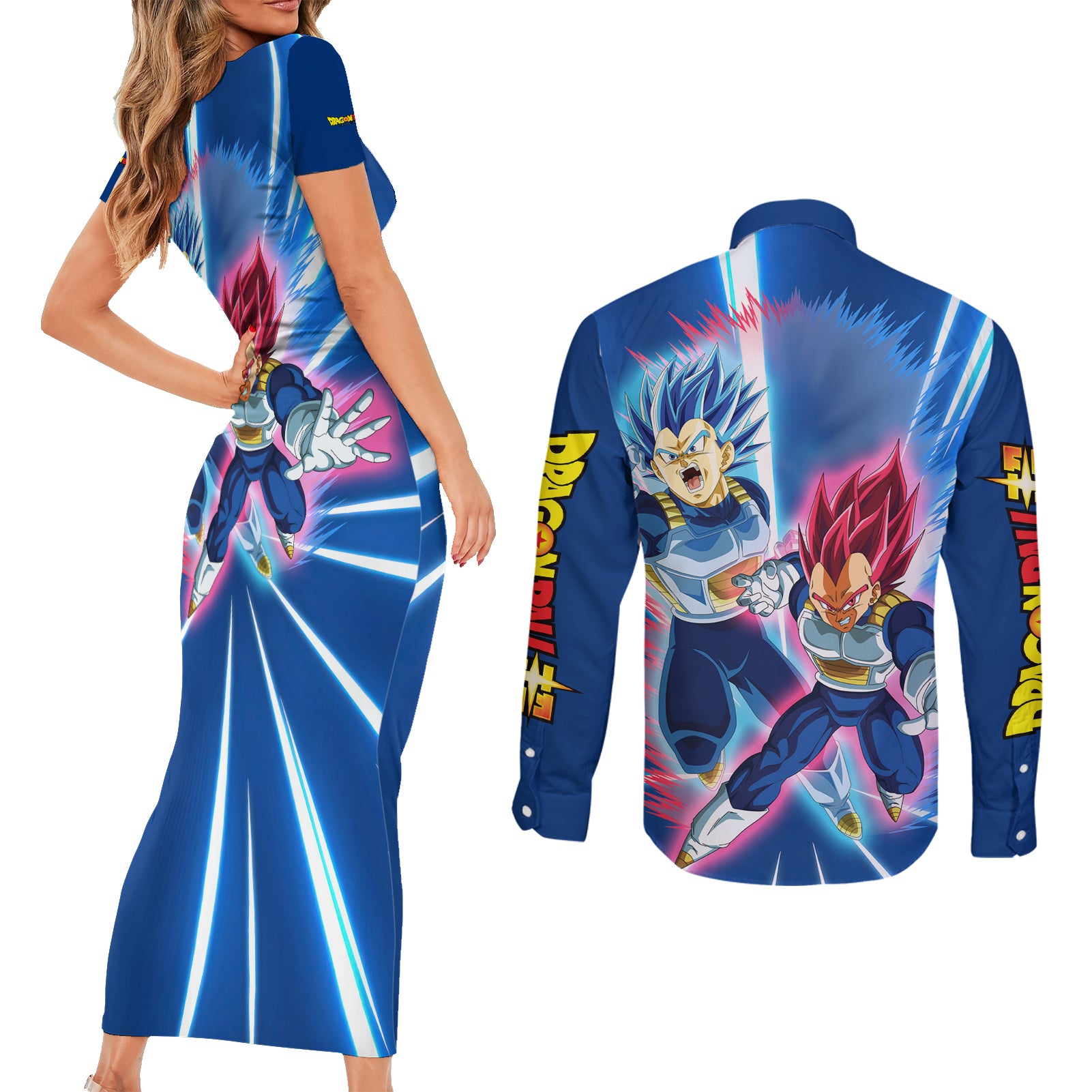 Prince Vegeta - Dragon Ball Couples Matching Short Sleeve Bodycon Dress and Long Sleeve Button Shirt Anime Style