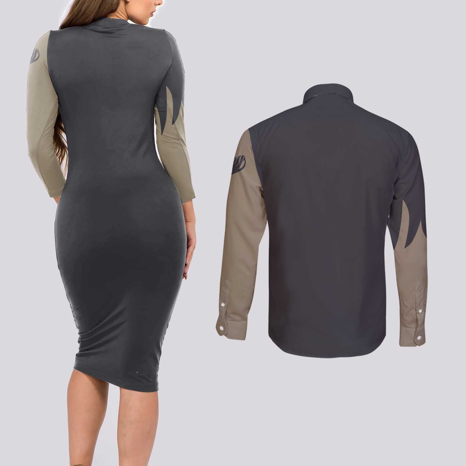 Gajeel Redfox - Fairy Tail Couples Matching Long Sleeve Bodycon Dress and Long Sleeve Button Shirt Anime Uniform Style