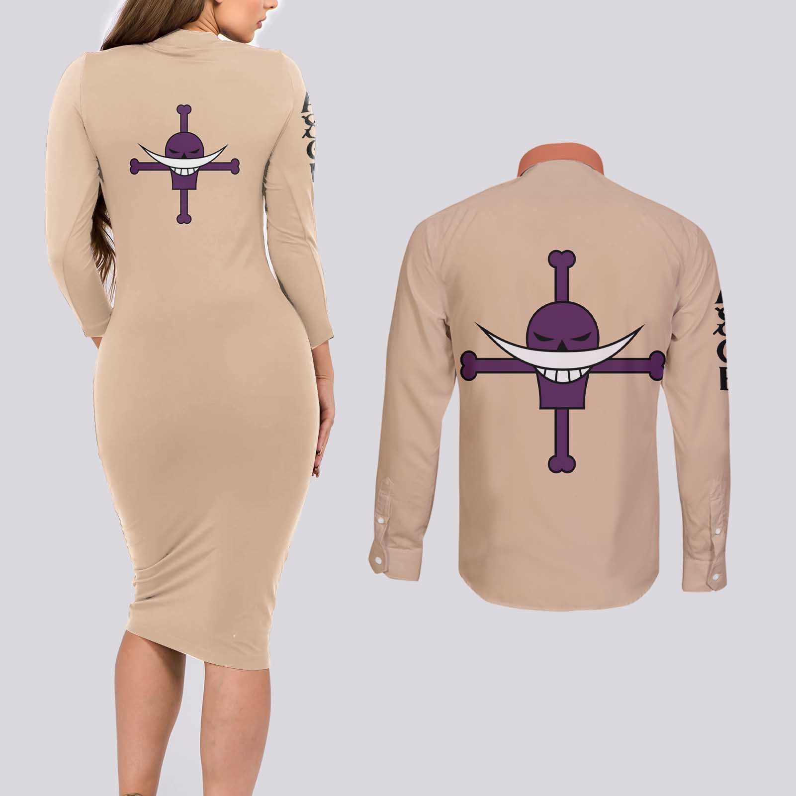 Portgas D. Ace - One Piece Couples Matching Long Sleeve Bodycon Dress and Long Sleeve Button Shirt Anime Uniform Style
