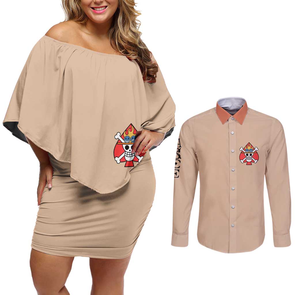 Portgas D. Ace - One Piece Couples Matching Off Shoulder Short Dress and Long Sleeve Button Shirt Anime Uniform Style
