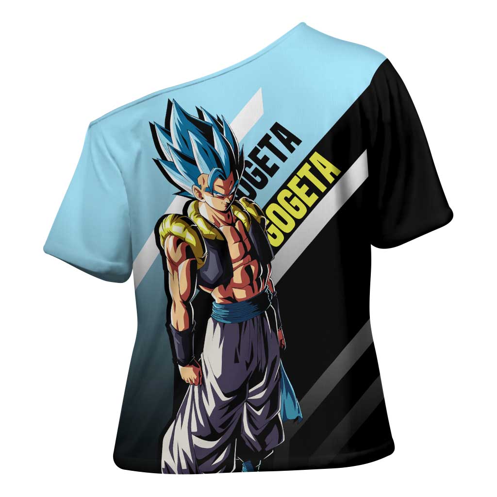 Gogeta Dragon Ball Cross Shoulder Shirt with Fusion Form and Dynamic Action Pose Design - The Mazicc