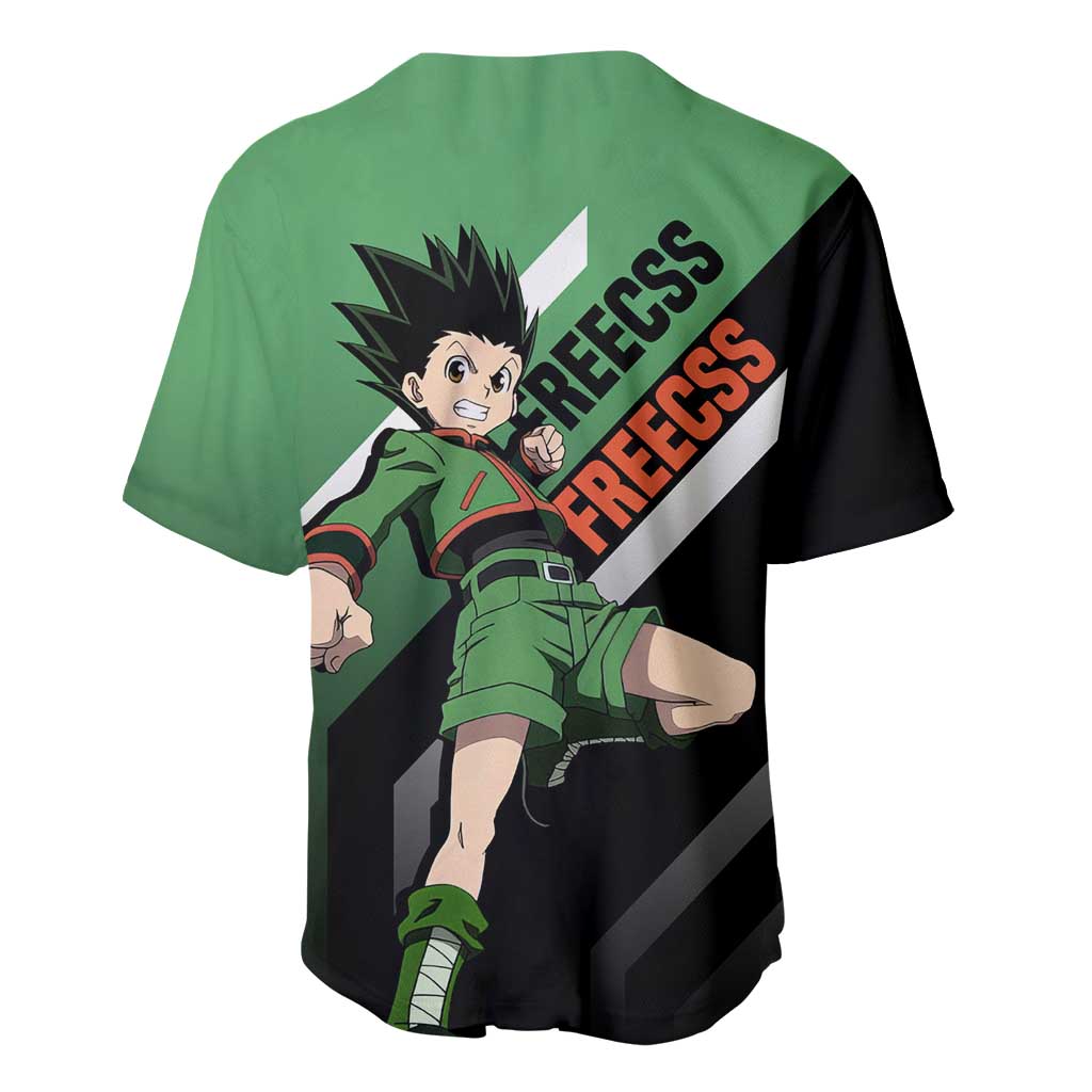 Gon Freecss Hunter x Hunter Baseball Jersey with Green Outfit and Adventure-Ready Pose Design - The Mazicc