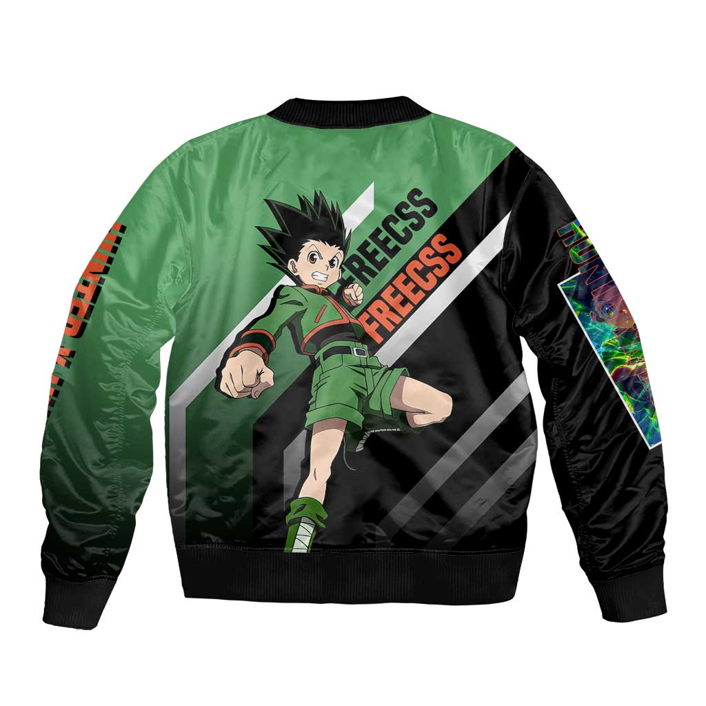 Gon Freecss Hunter x Hunter Bomber Jacket with Green Outfit and Adventure-Ready Pose Design - The Mazicc