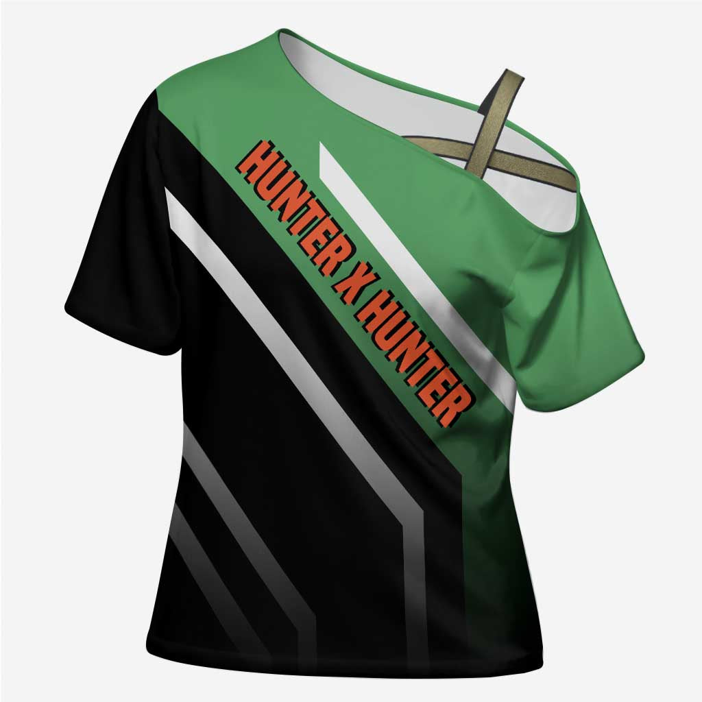 Gon Freecss Hunter x Hunter Cross Shoulder Shirt with Green Outfit and Adventure-Ready Pose Design - The Mazicc