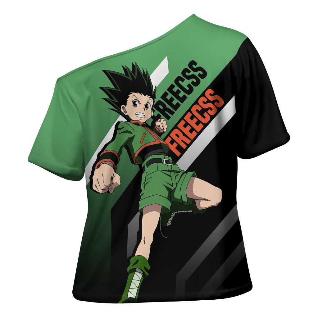 Gon Freecss Hunter x Hunter Cross Shoulder Shirt with Green Outfit and Adventure-Ready Pose Design - The Mazicc