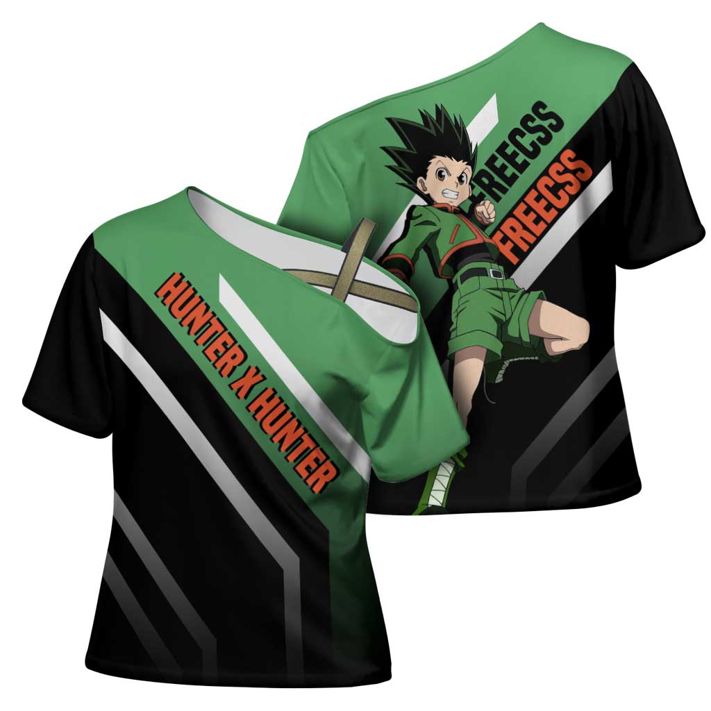 Gon Freecss Hunter x Hunter Cross Shoulder Shirt with Green Outfit and Adventure-Ready Pose Design - The Mazicc