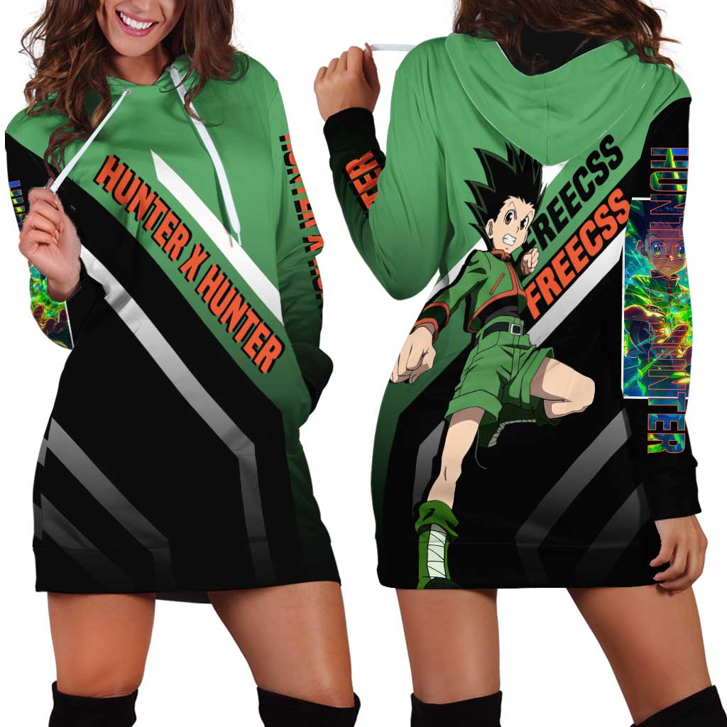 Gon Freecss Hunter x Hunter Hoodie Dress with Green Outfit and Adventure-Ready Pose Design - The Mazicc