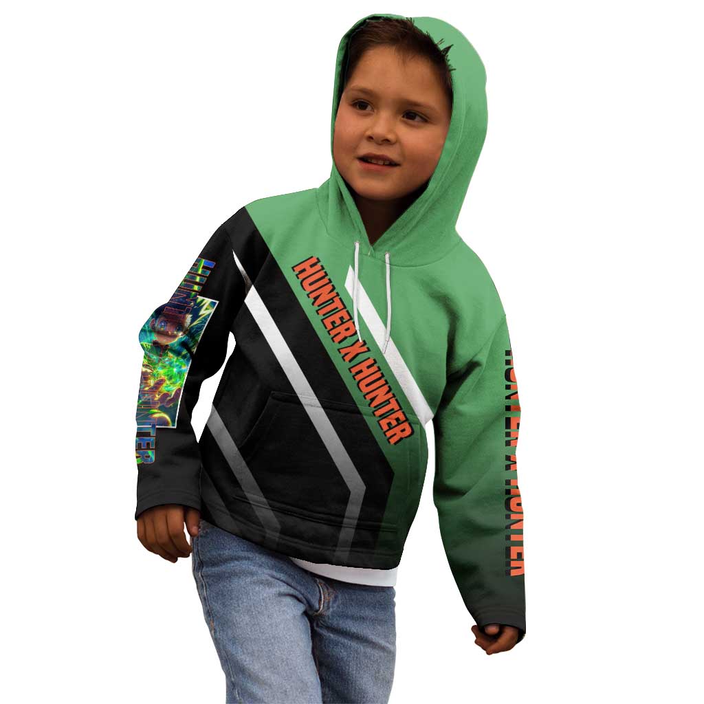 Gon Freecss Hunter x Hunter Kid Hoodie with Green Outfit and Adventure-Ready Pose Design - The Mazicc