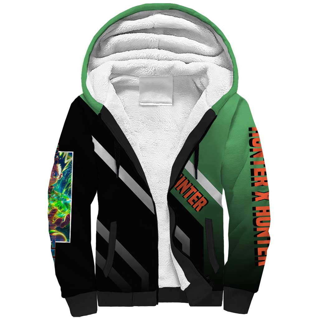 Gon Freecss Hunter x Hunter Sherpa Hoodie with Green Outfit and Adventure-Ready Pose Design - The Mazicc