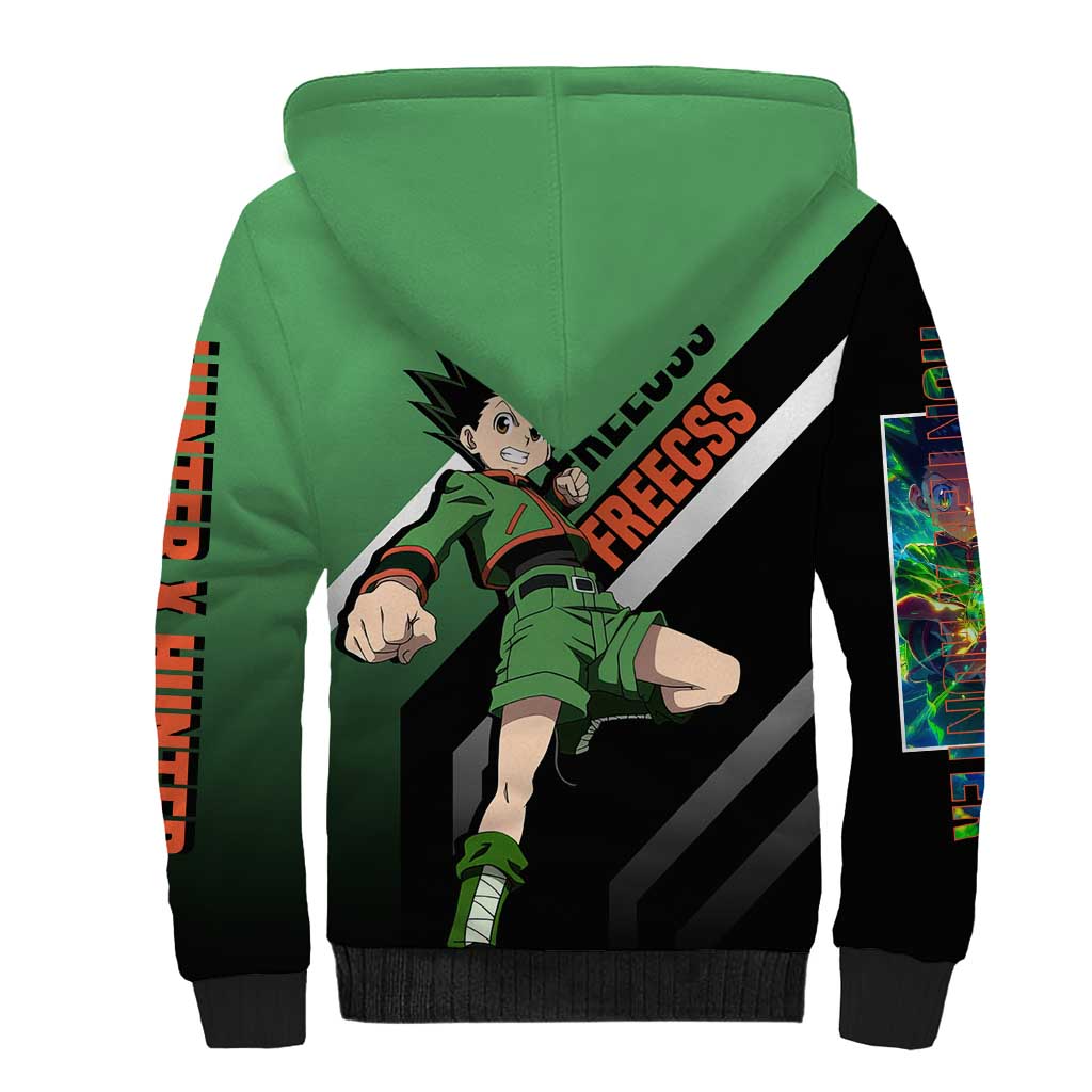 Gon Freecss Hunter x Hunter Sherpa Hoodie with Green Outfit and Adventure-Ready Pose Design - The Mazicc