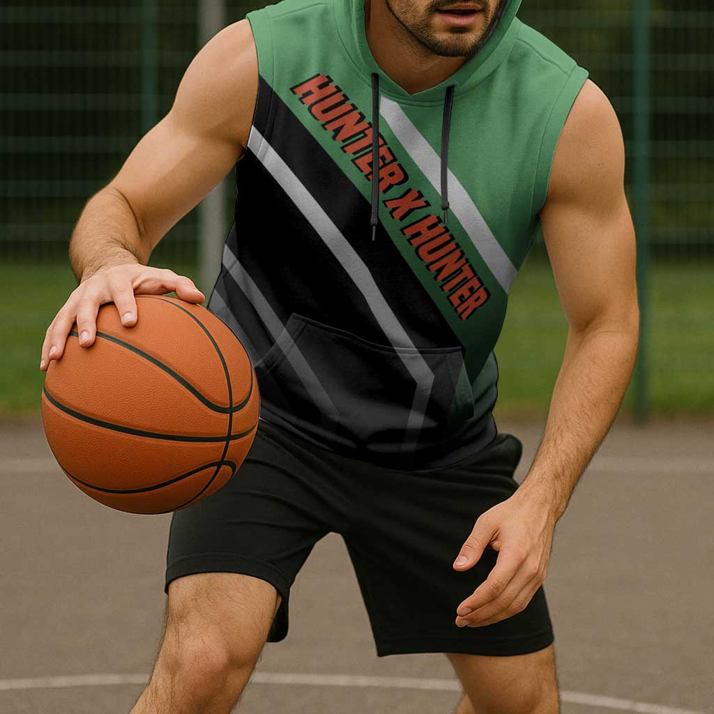 Gon Freecss Hunter x Hunter Sleeveless Hoodie with Green Outfit and Adventure-Ready Pose Design - The Mazicc