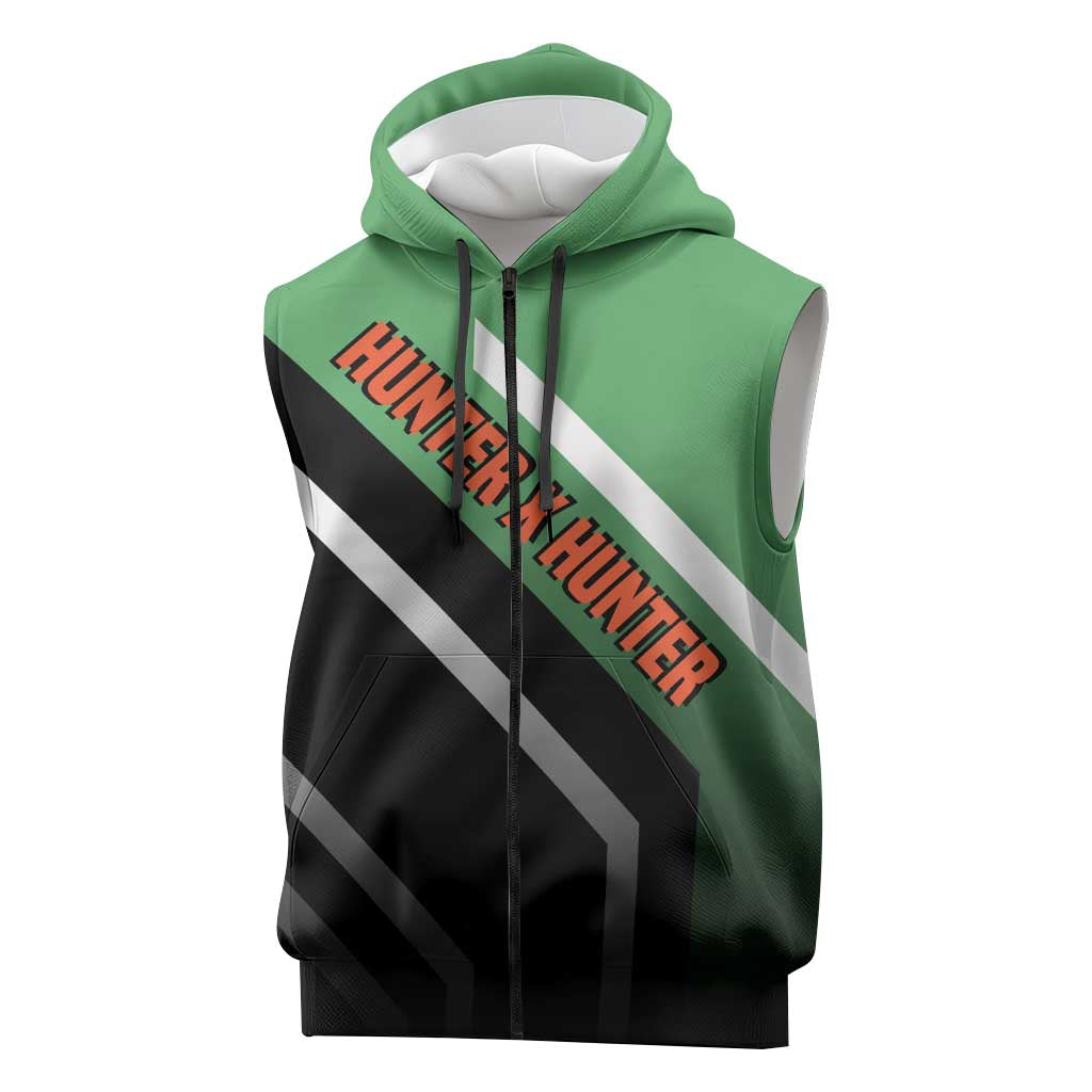Gon Freecss Hunter x Hunter Sleeveless Zip Hoodie with Green Outfit and Adventure-Ready Pose Design - The Mazicc