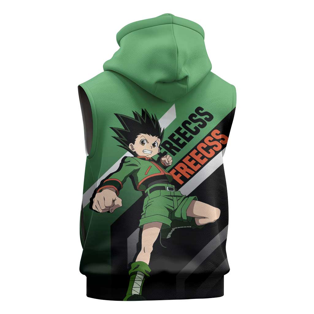 Gon Freecss Hunter x Hunter Sleeveless Zip Hoodie with Green Outfit and Adventure-Ready Pose Design - The Mazicc