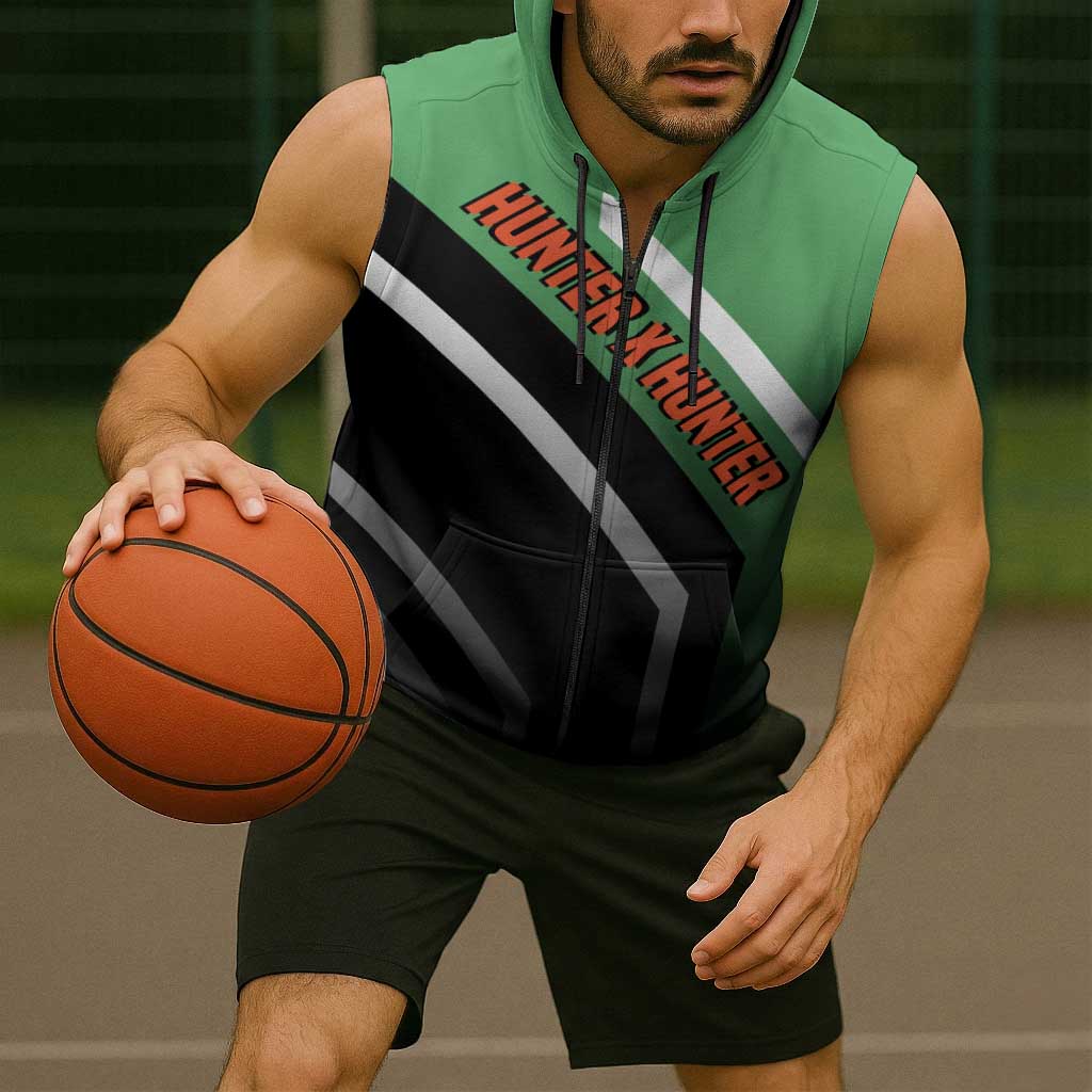Gon Freecss Hunter x Hunter Sleeveless Zip Hoodie with Green Outfit and Adventure-Ready Pose Design - The Mazicc