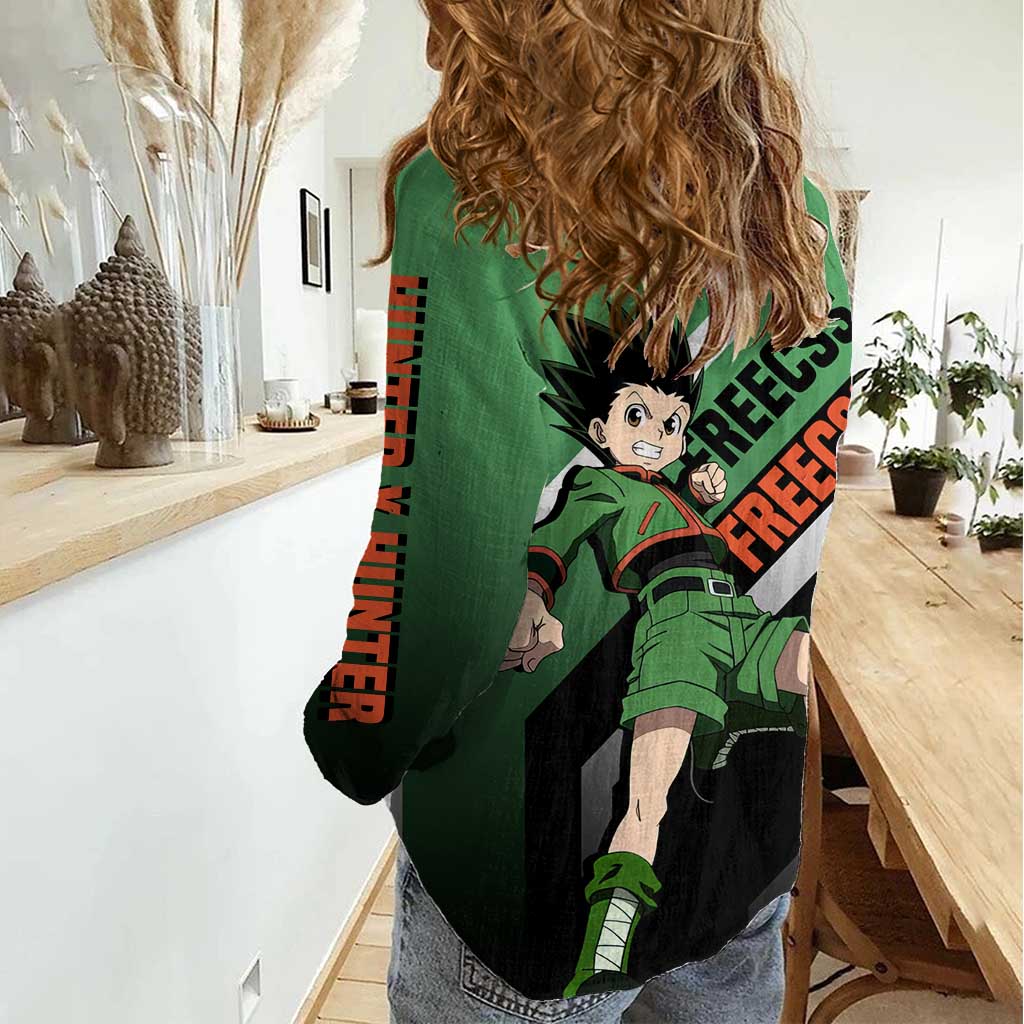 Gon Freecss Hunter x Hunter Women Casual Shirt with Green Outfit and Adventure-Ready Pose Design - The Mazicc