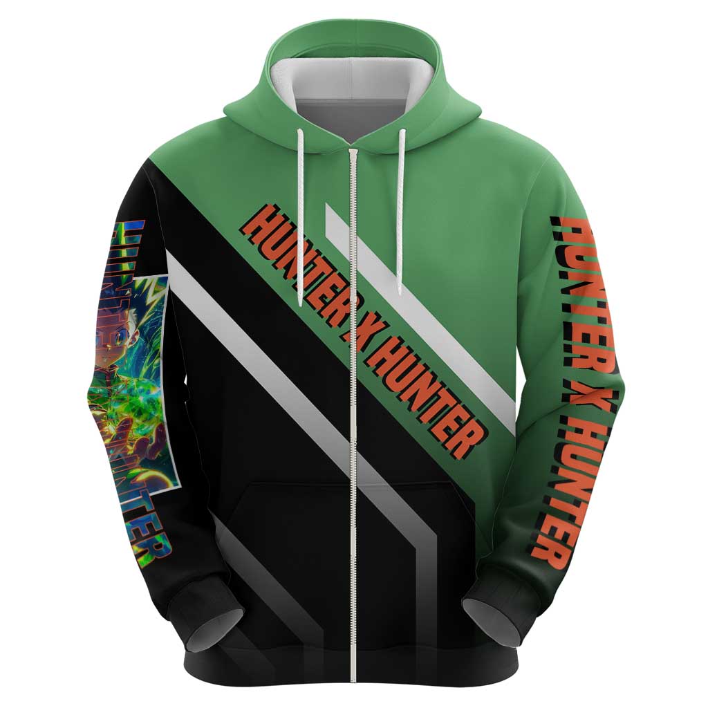 Gon Freecss Hunter x Hunter Zip Hoodie with Green Outfit and Adventure-Ready Pose Design - The Mazicc