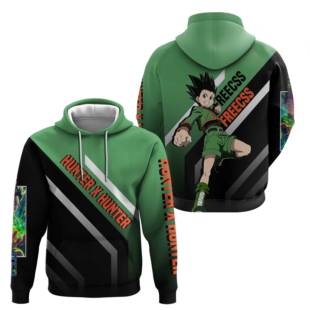 Gon Freecss Hunter x Hunter Zip Hoodie with Green Outfit and Adventure-Ready Pose Design - The Mazicc