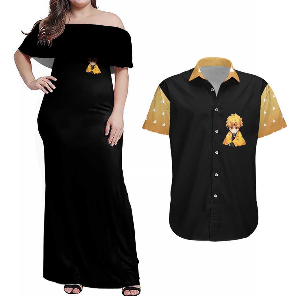 Agatsuma Zenitsu Demon Slayer Couples Matching Off Shoulder Maxi Dress and Hawaiian Shirt Anime Style